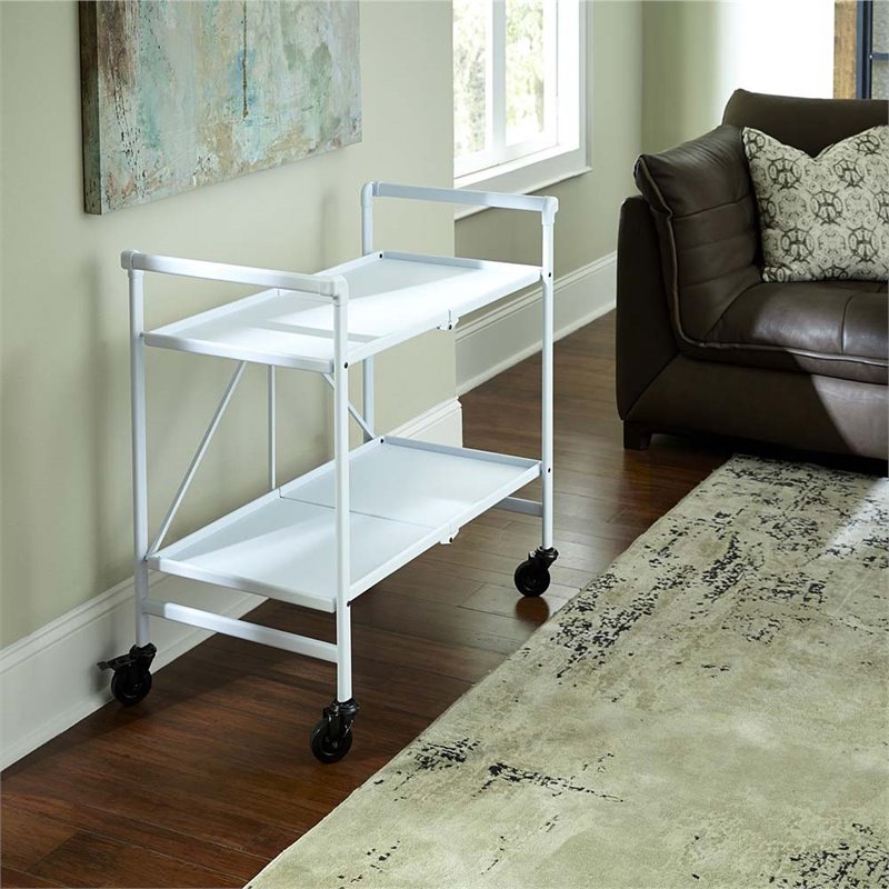 Pemberly Row Transitional Smartfold Folding Serving Bar Cart in White