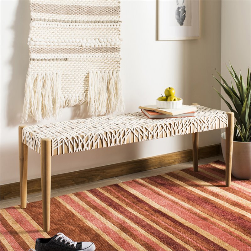 Pemberly Row Contemporary Leather Bench in Off White and Light Oak