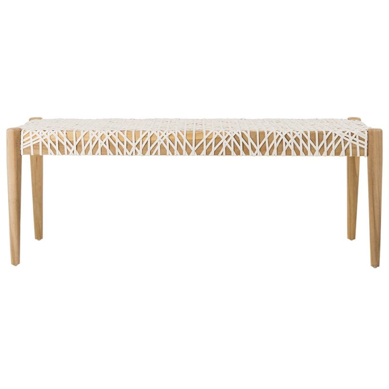 Pemberly Row Contemporary Leather Bench in Off White and Light Oak