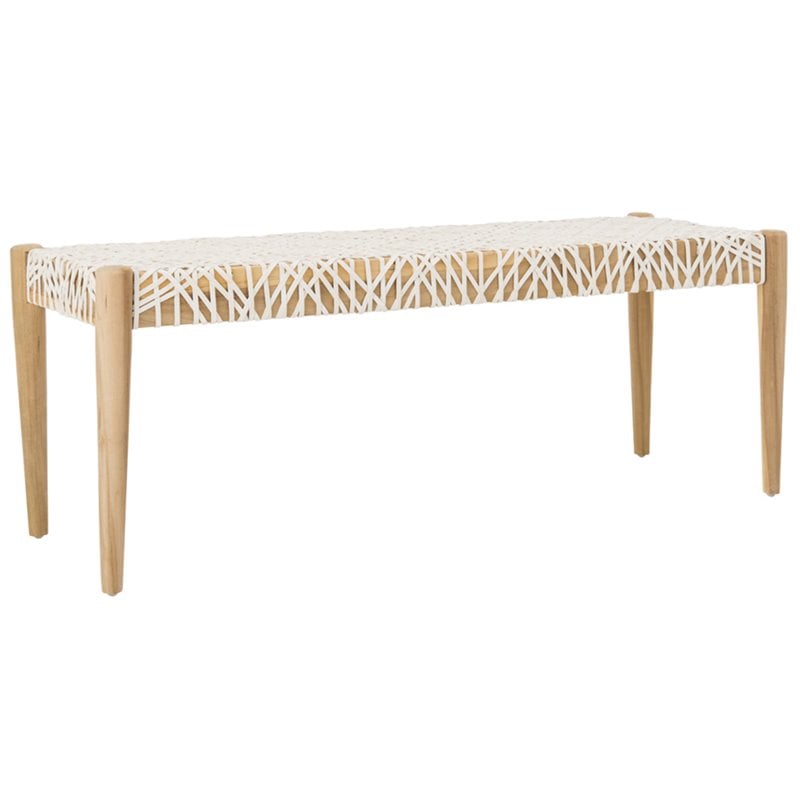 Pemberly Row Contemporary Leather Bench in Off White and Light Oak