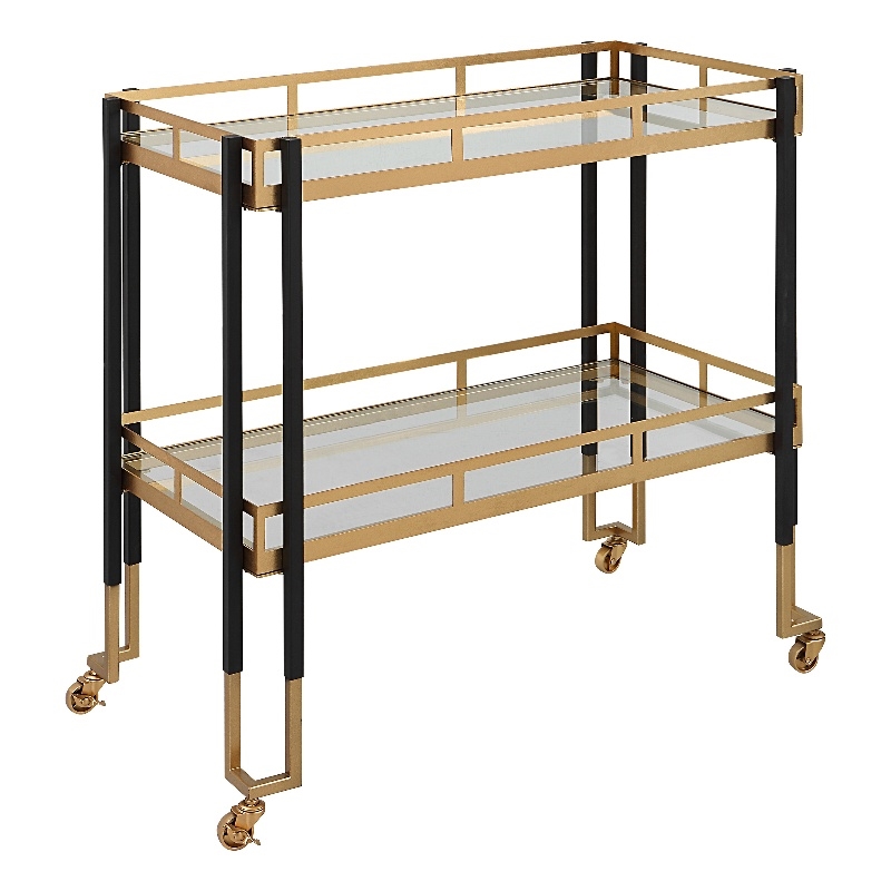 Pemberly Row Contemporary Iron Metal and Glass Bar Cart in Black/Gold