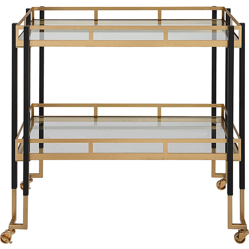 Pemberly Row Contemporary Iron Metal and Glass Bar Cart in Black/Gold