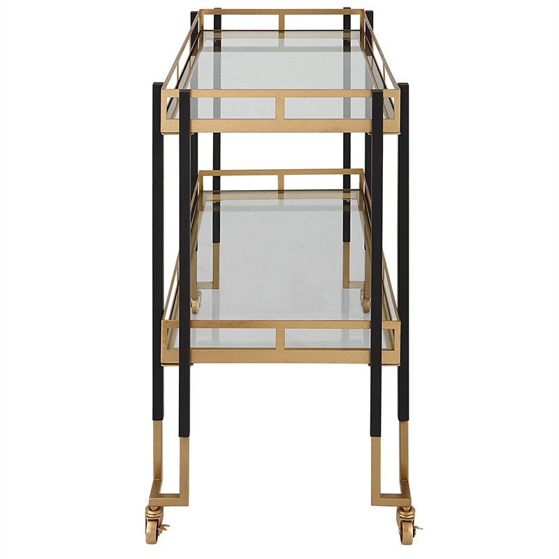 Pemberly Row Contemporary Iron Metal and Glass Bar Cart in Black/Gold