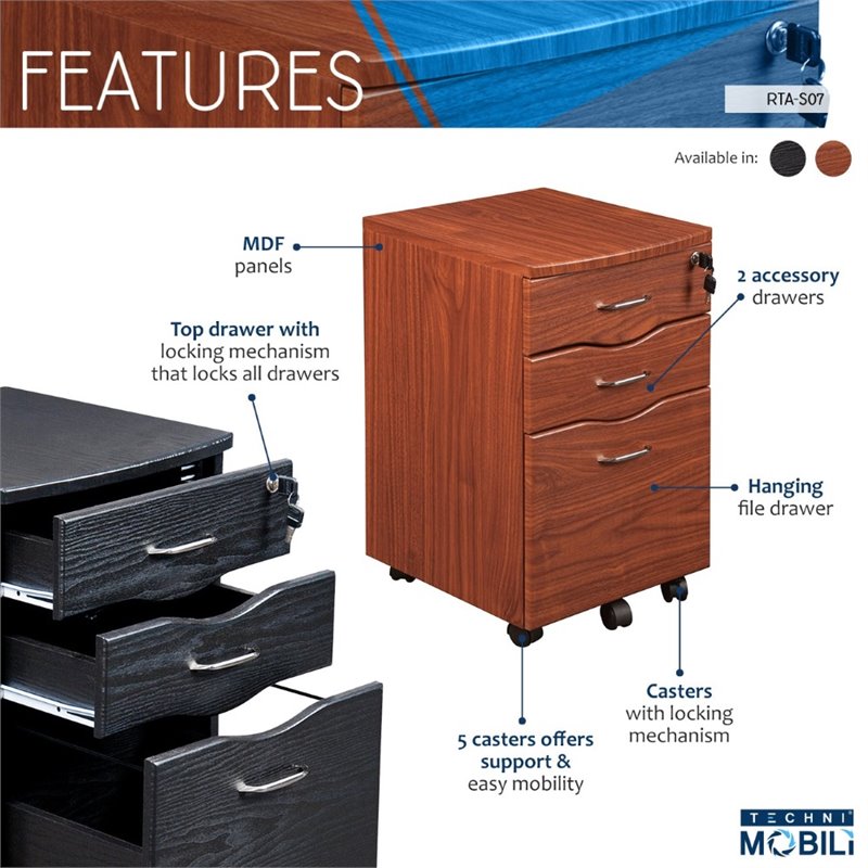 Pemberly Row Contemporary 3 Drawer Mobile File Cabinet in Espresso