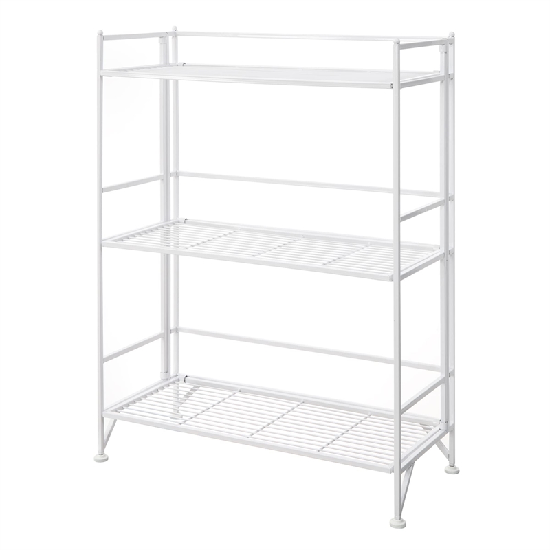 Pemberly Row Transitional Three-Tier Wide Folding Shelf in White Metal