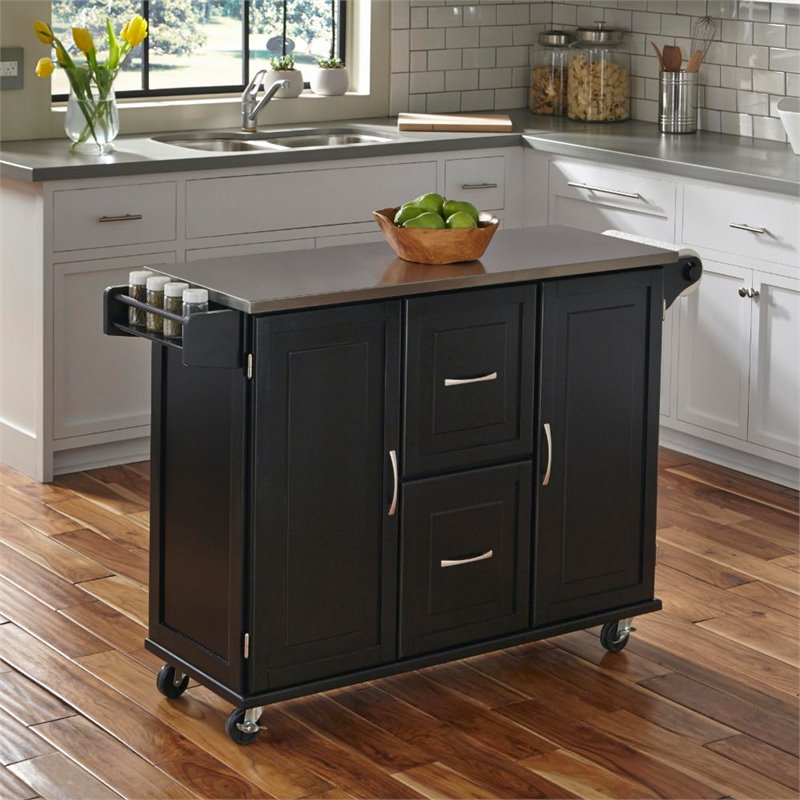 Pemberly Row Wood Kitchen Cart with Stainless Steel Top in Black