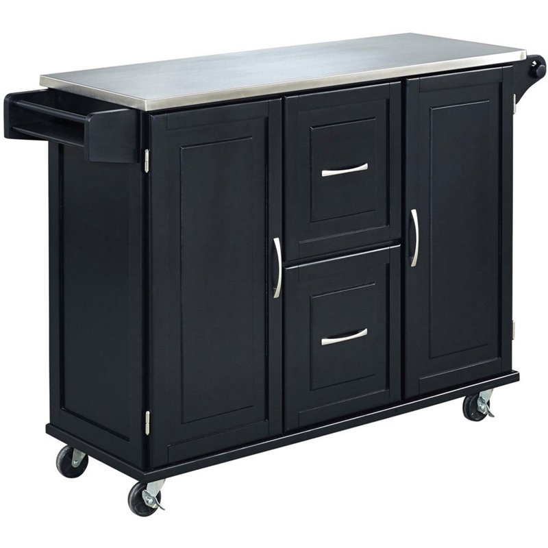 Pemberly Row Wood Kitchen Cart with Stainless Steel Top in Black