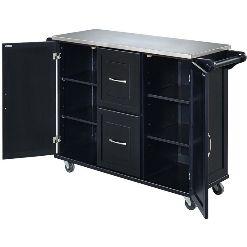 Pemberly Row Wood Kitchen Cart with Stainless Steel Top in Black