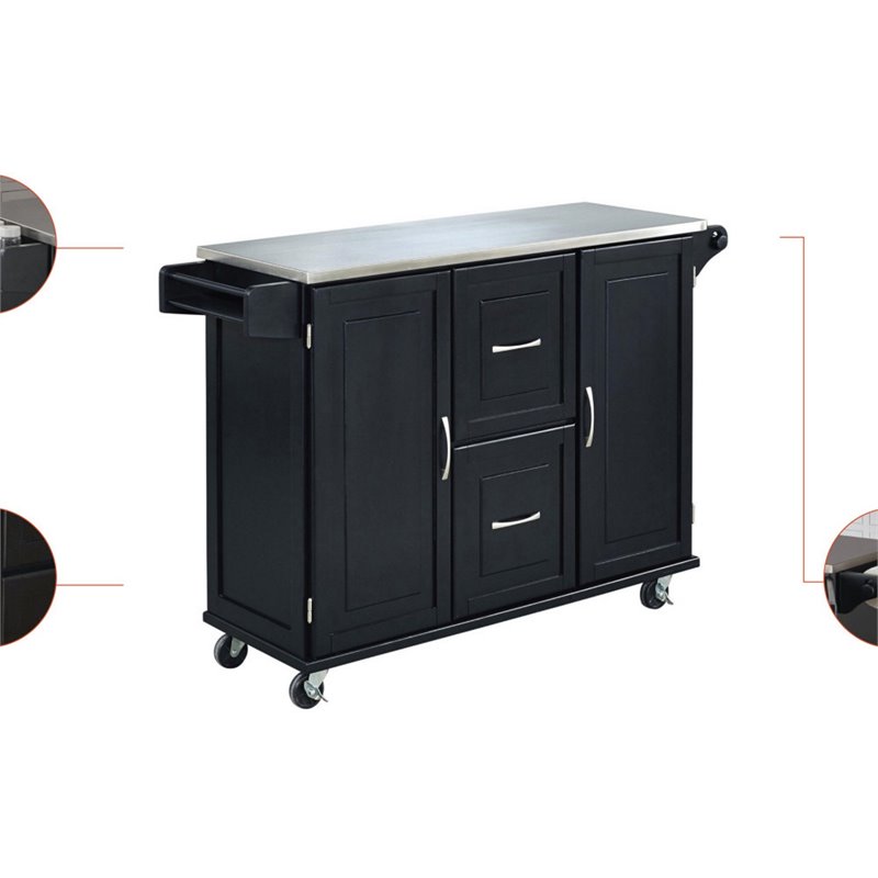Pemberly Row Wood Kitchen Cart with Stainless Steel Top in Black