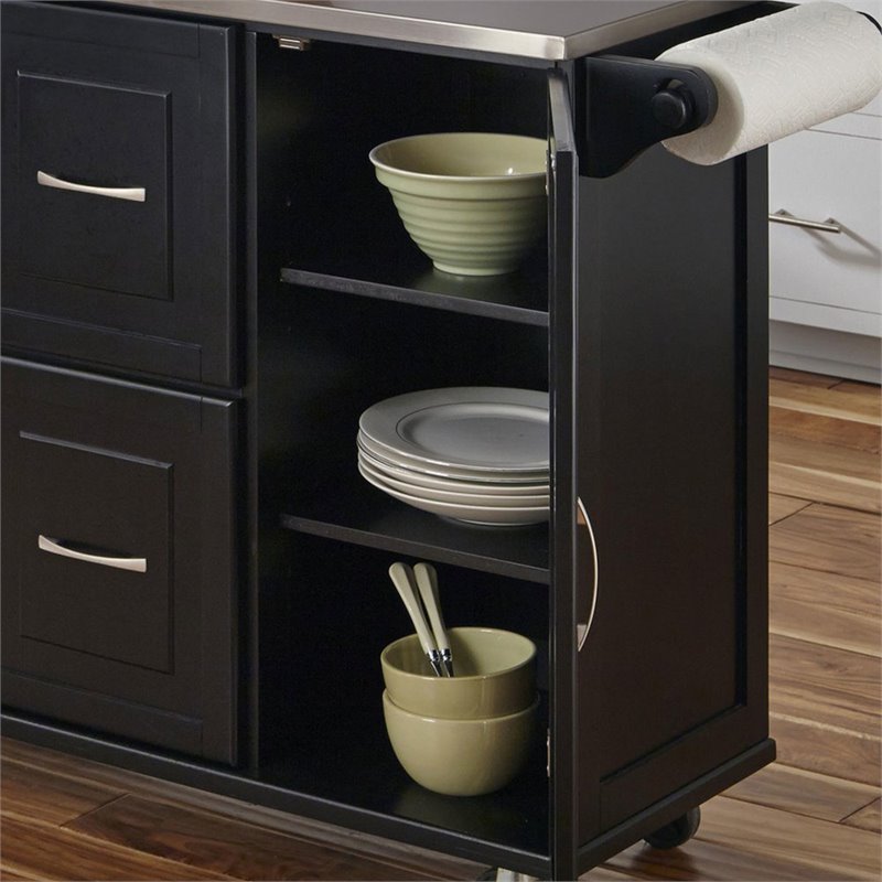 Pemberly Row Wood Kitchen Cart with Stainless Steel Top in Black