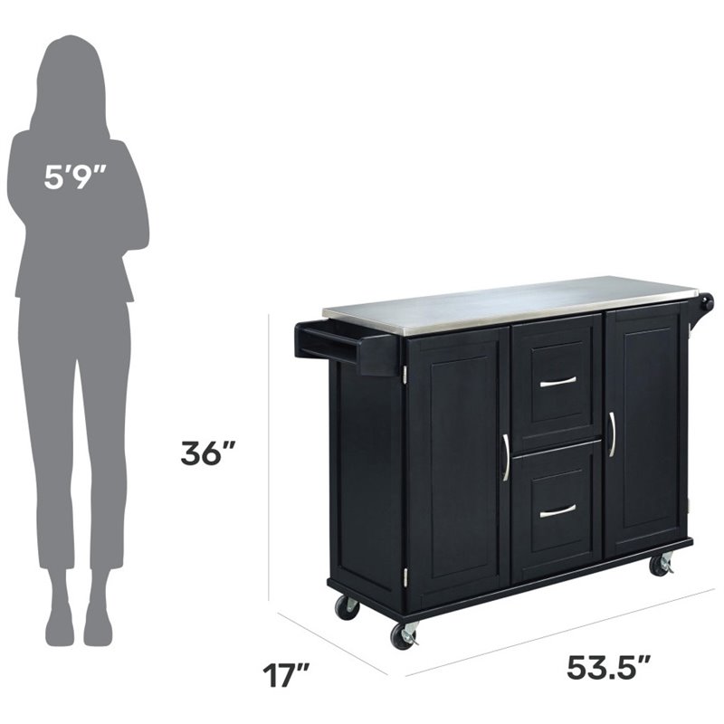 Pemberly Row Wood Kitchen Cart with Stainless Steel Top in Black