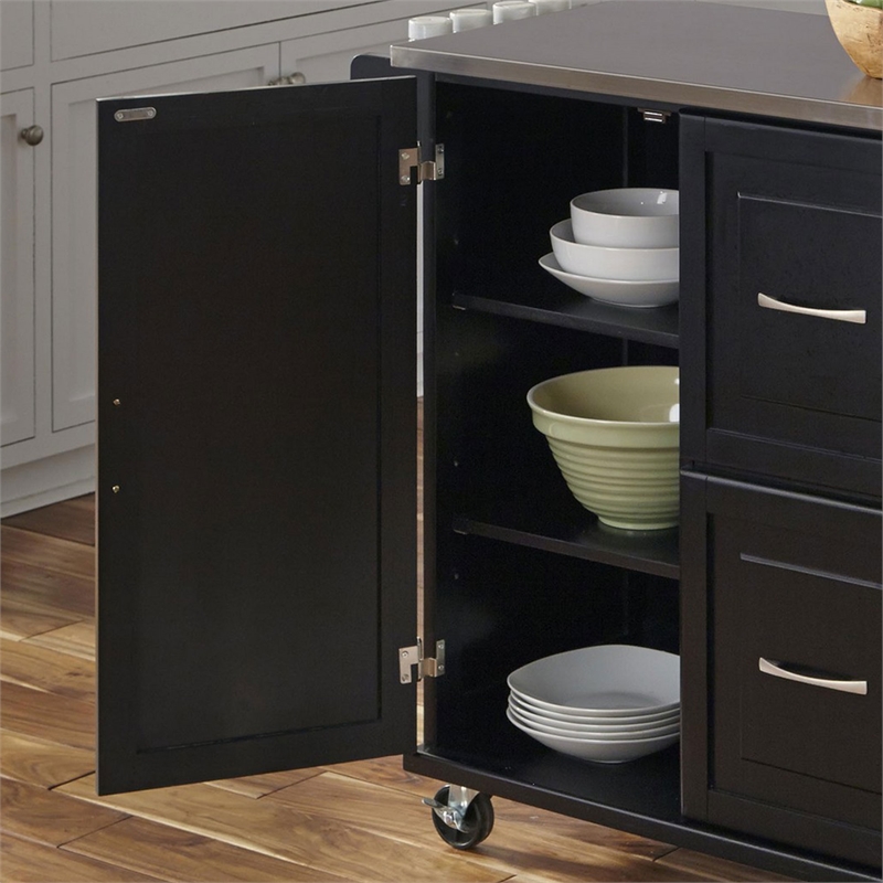 Pemberly Row Wood Kitchen Cart with Stainless Steel Top in Black