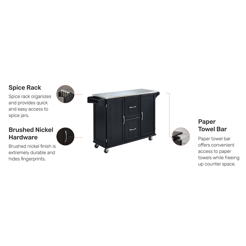 Pemberly Row Wood Kitchen Cart with Stainless Steel Top in Black