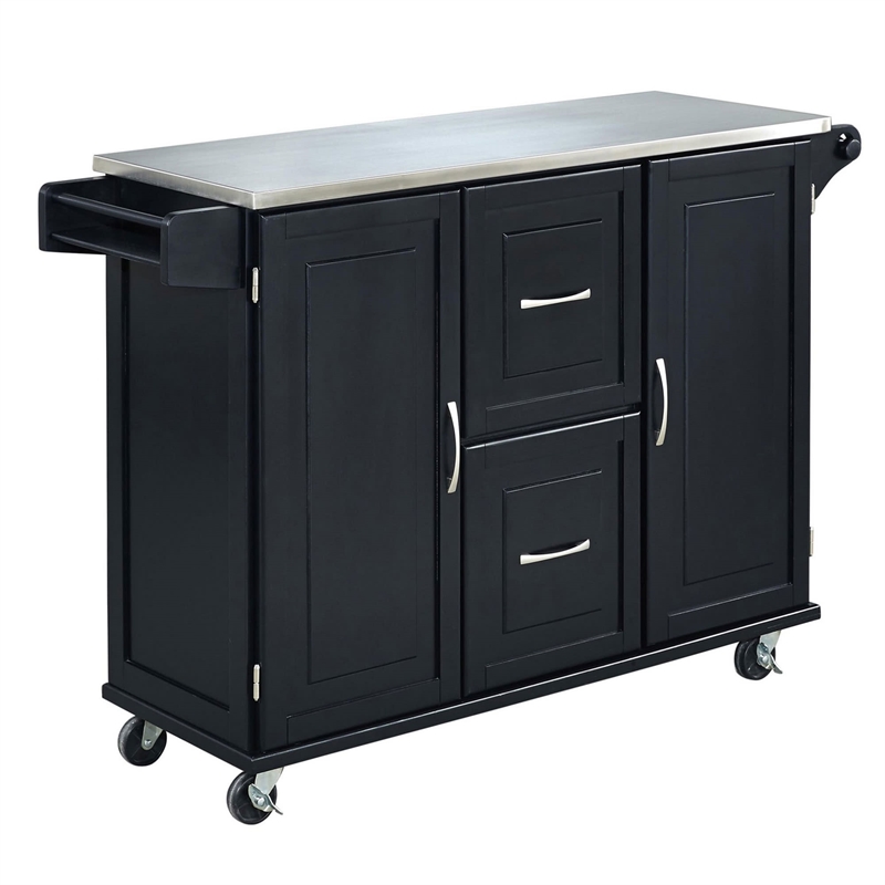 Pemberly Row Wood Kitchen Cart with Stainless Steel Top in Black