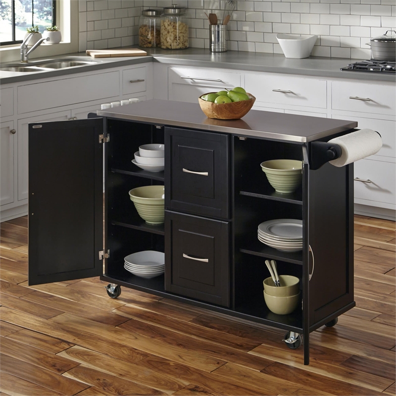 Pemberly Row Wood Kitchen Cart with Stainless Steel Top in Black