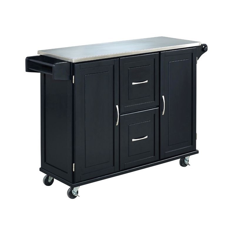 Pemberly Row Wood Kitchen Cart with Stainless Steel Top in Black
