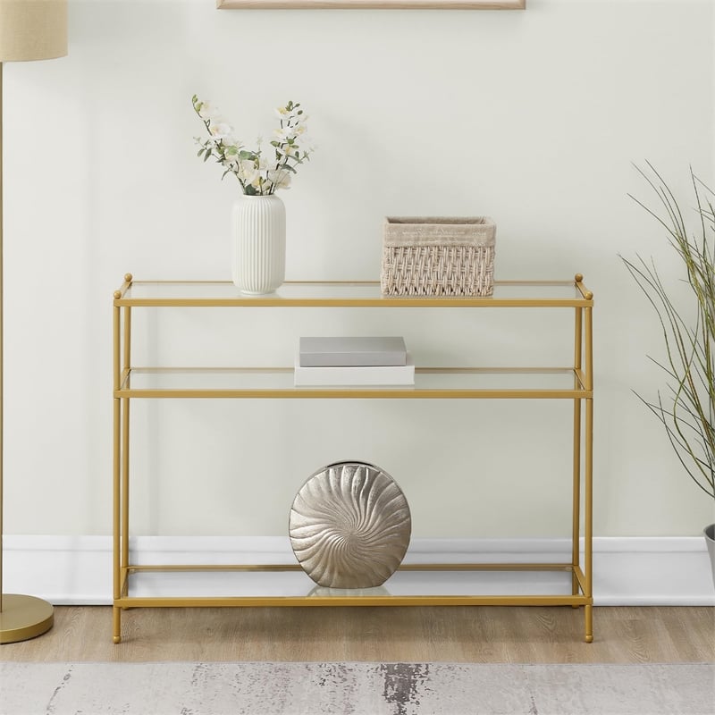 Pemberly Row Contemporary Gold Metal Royal Crest Console Table