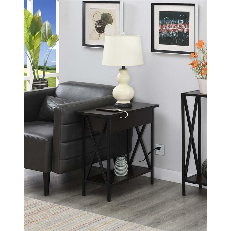 Pemberly Row Espresso Wood & Black Frame Flip Top End Table w/ Charging Station