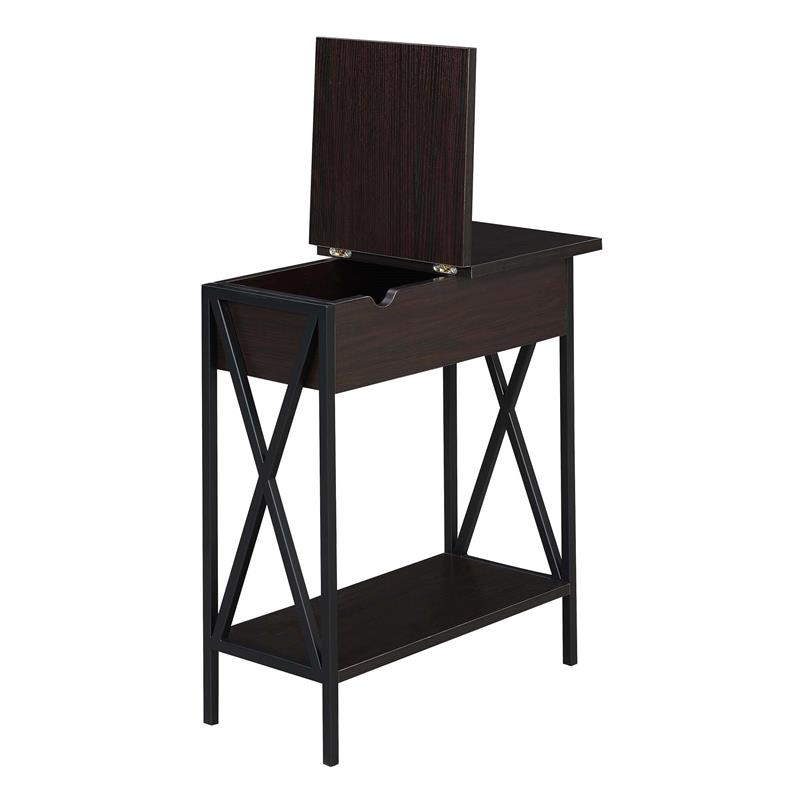 Pemberly Row Espresso Wood & Black Frame Flip Top End Table w/ Charging Station