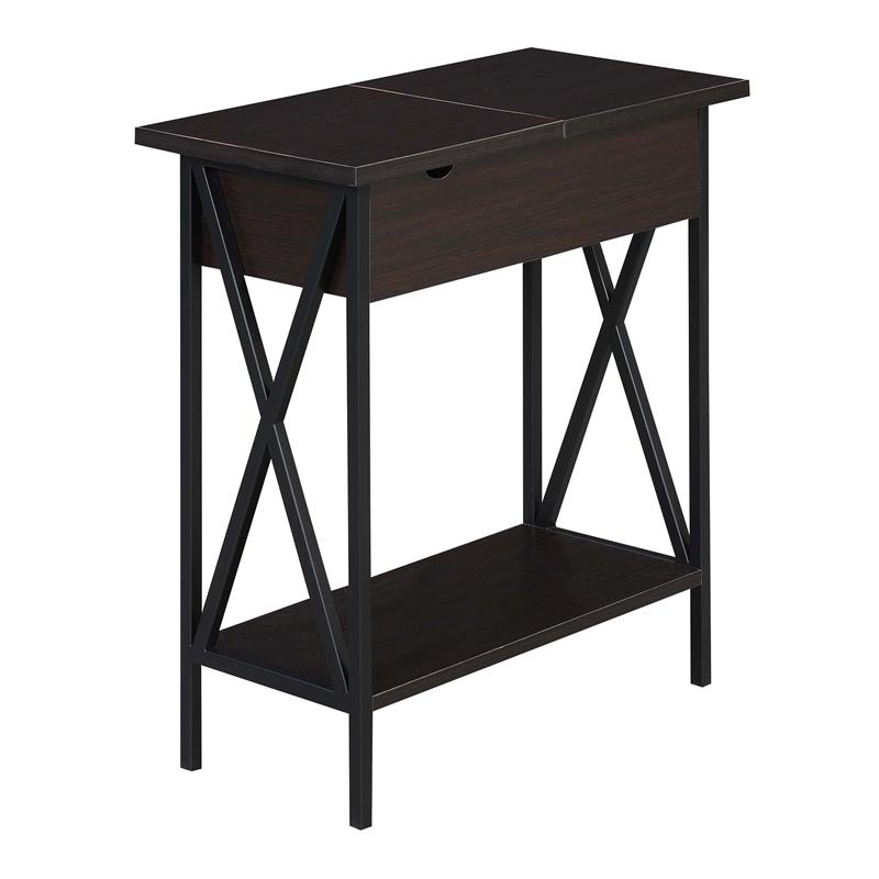 Pemberly Row Espresso Wood & Black Frame Flip Top End Table w/ Charging Station