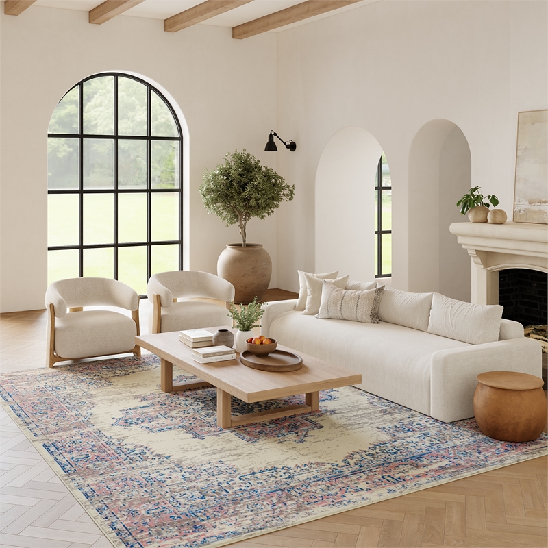 Pemberly Row 6' x 9' White and Pink Fabric Vintage Area Rug (6' x 9')