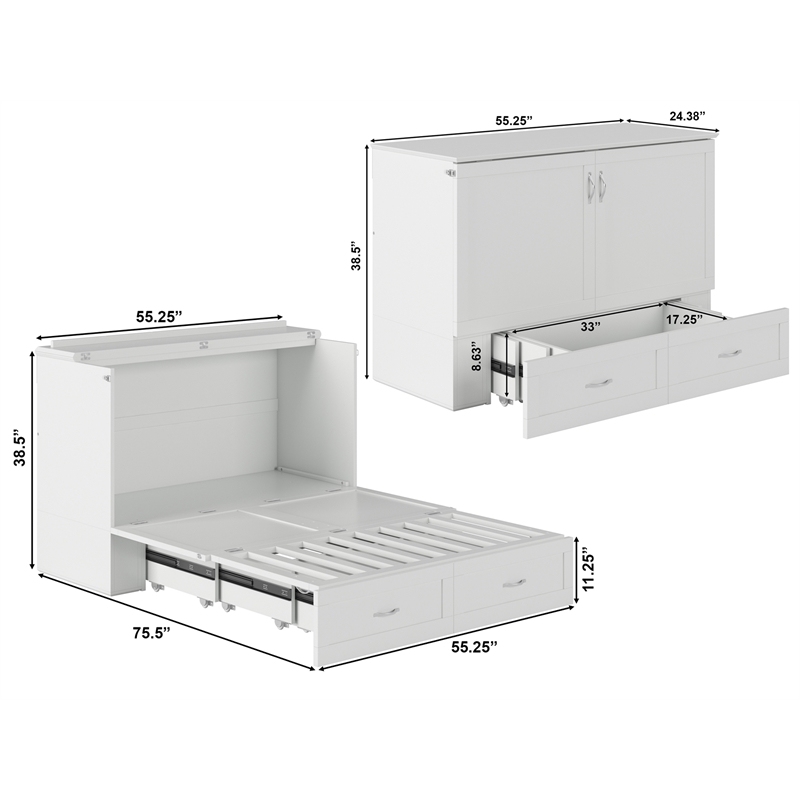 Pemberly Row Full Solid Wood Murphy Bed Chest with Built-In Charger in White