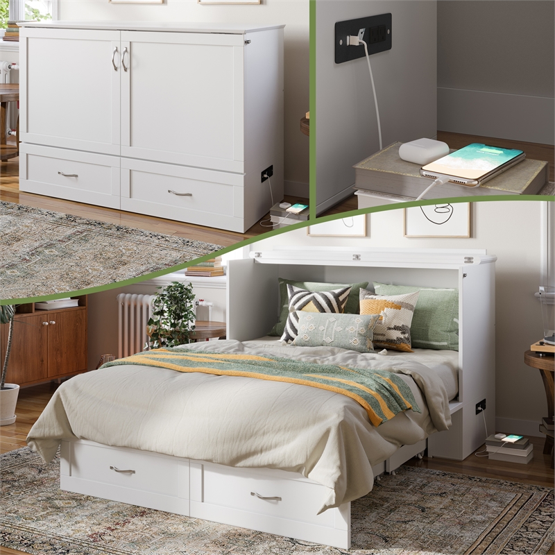 Pemberly Row Full Solid Wood Murphy Bed Chest with Built-In Charger in White