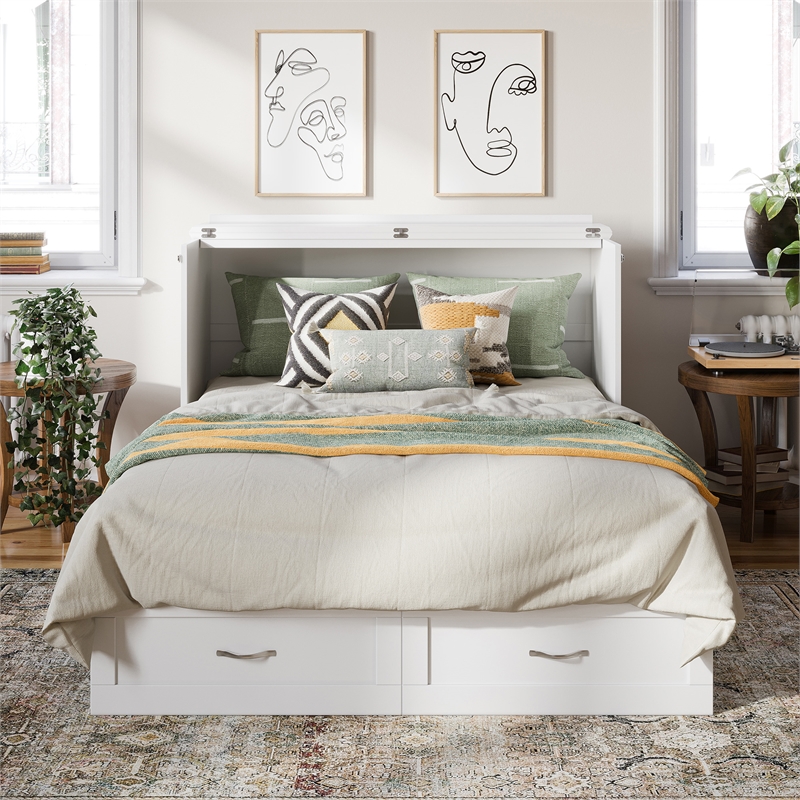 Pemberly Row Full Solid Wood Murphy Bed Chest with Built-In Charger in White