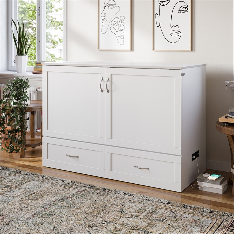 Pemberly Row Full Solid Wood Murphy Bed Chest with Built-In Charger in White