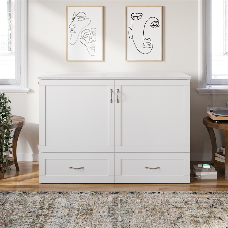 Pemberly Row Full Solid Wood Murphy Bed Chest with Built-In Charger in White