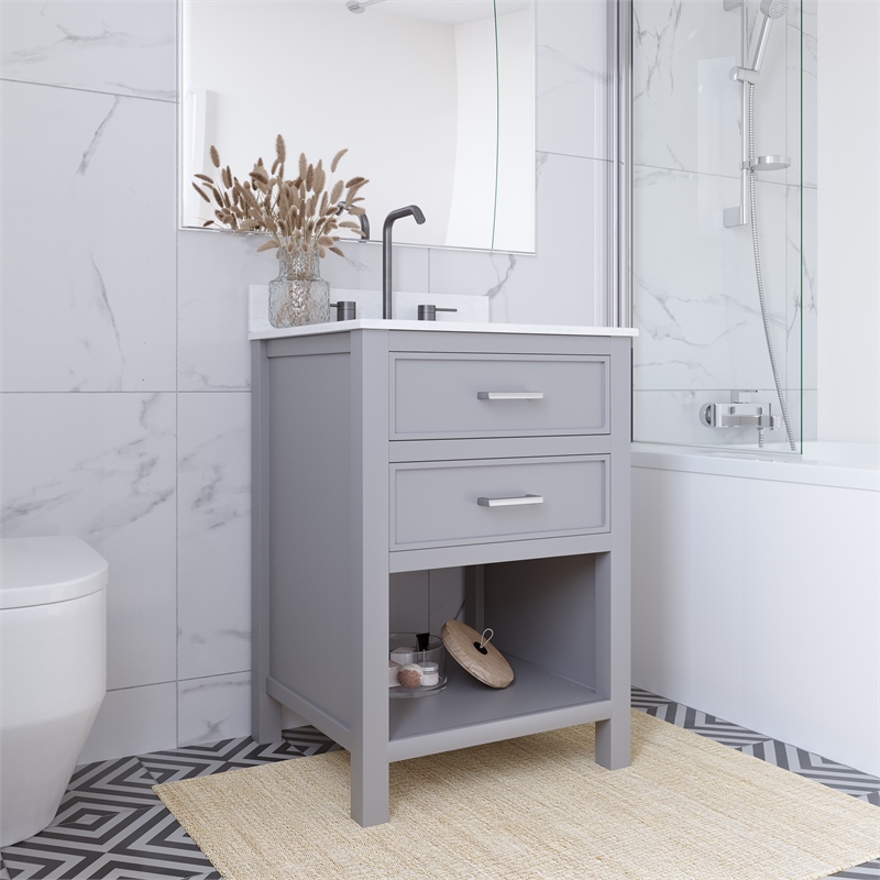 Pemberly Row 24 Inch Bathroom Vanity with Modern Carrera Countertop in Gray