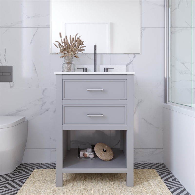 Pemberly Row 24 Inch Bathroom Vanity with Modern Carrera Countertop in Gray