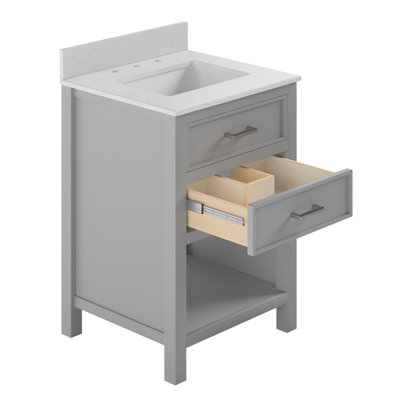 Pemberly Row 24 Inch Bathroom Vanity with Modern Carrera Countertop in Gray