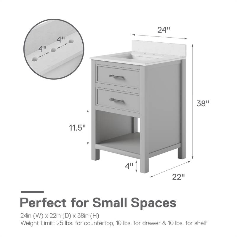 Pemberly Row 24 Inch Bathroom Vanity with Modern Carrera Countertop in Gray