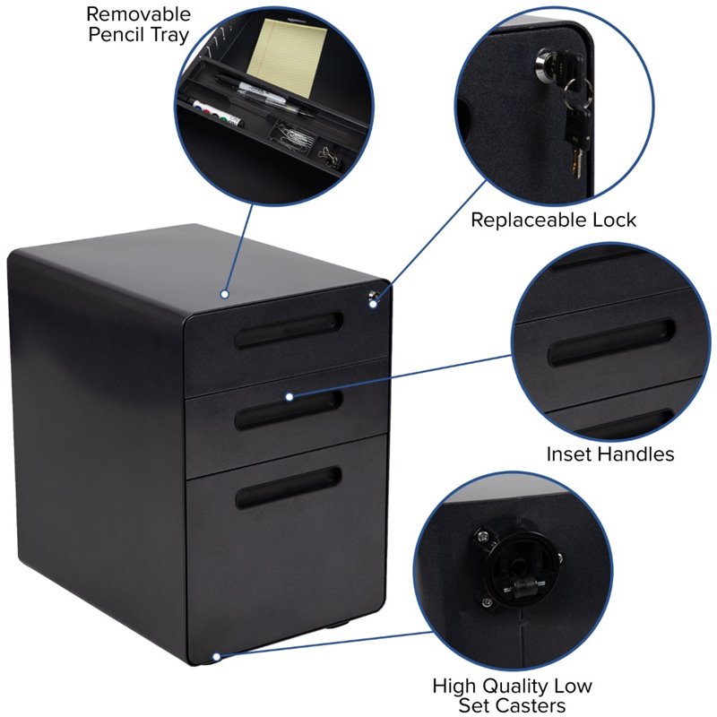 Pemberly Row Contemporary 3 Drawer Modern Mobile File Cabinet in Black