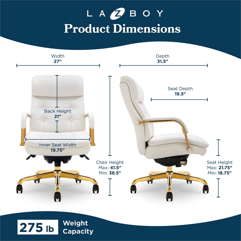 Pemberly Row Executive MidBack Office Chair Bonded Leather White and Gold