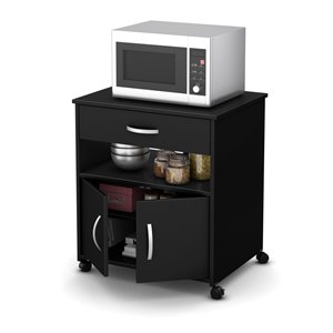 Pemberly Row Contemporary Wood Microwave Cart in Pure Black Finish