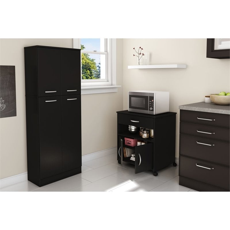 Pemberly Row Contemporary Wood Microwave Cart in Pure Black Finish
