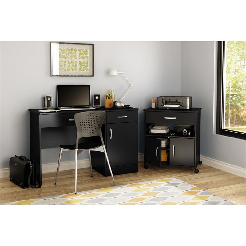 Pemberly Row Contemporary Wood Microwave Cart in Pure Black Finish