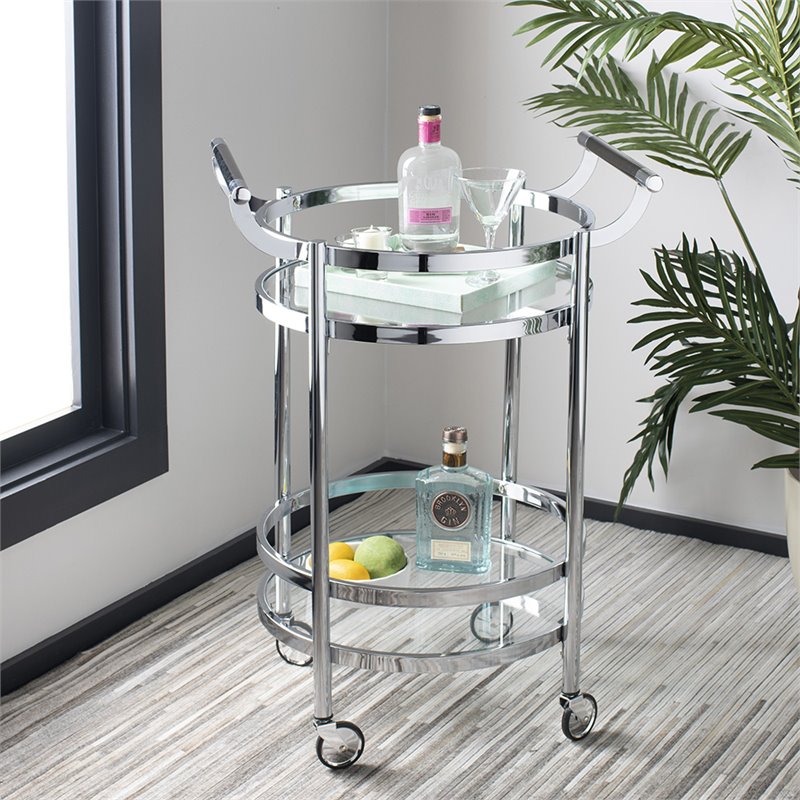 Pemberly Row Contemporary 2 Tier Glass Bar Cart in Chrome Finish