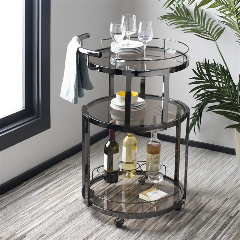 Pemberly Row Contemporary 3 Tier Glass Bar Cart in Gunmetal Finish