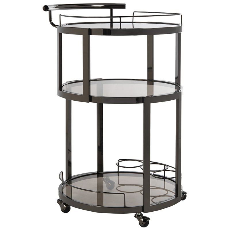 Pemberly Row Contemporary 3 Tier Glass Bar Cart in Gunmetal Finish