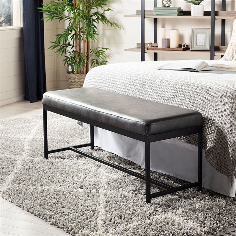 Pemberly Row Contemporary Faux Leather Bench in Gray and Black