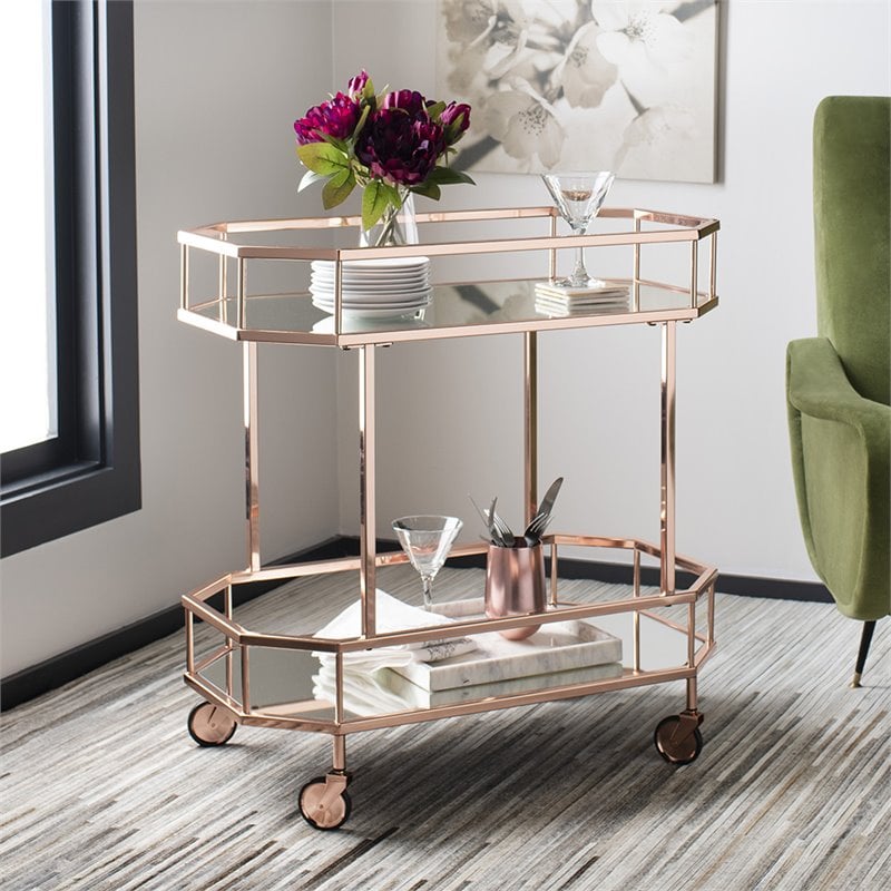 Pemberly Row Contemporary 2 Tier Mirrored Bar Cart in Rose Gold