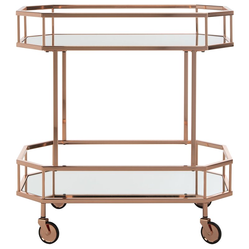 Pemberly Row Contemporary 2 Tier Mirrored Bar Cart in Rose Gold