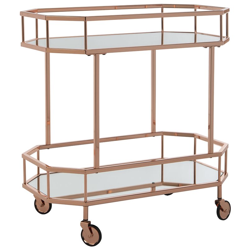 Pemberly Row Contemporary 2 Tier Mirrored Bar Cart in Rose Gold