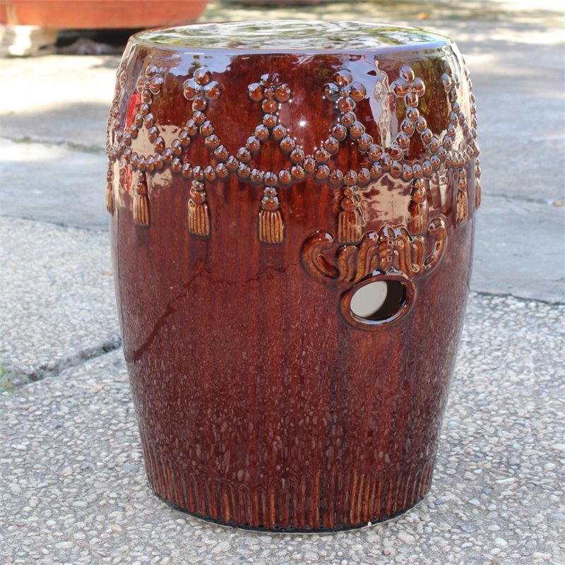 Pemberly Row Contemporary Tasseled Drum Ceramic Garden Stool in Brown
