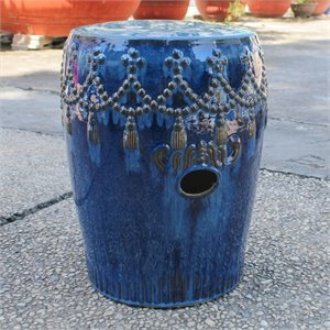Pemberly Row Tasseled Drum Ceramic Garden Stool in Navy Blue