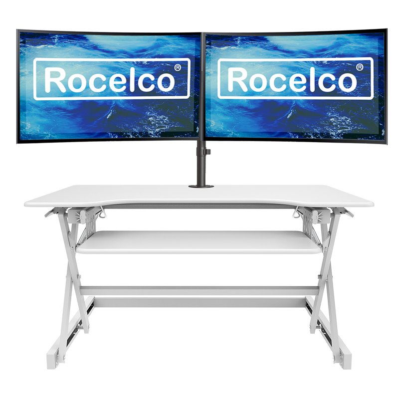 Pemberly Row Adjustable White Standing Desk Converter/Dual Monitor Mount Bundle