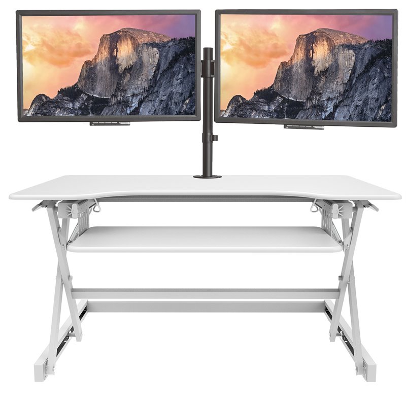 Pemberly Row Adjustable White Standing Desk Converter/Dual Monitor Mount Bundle